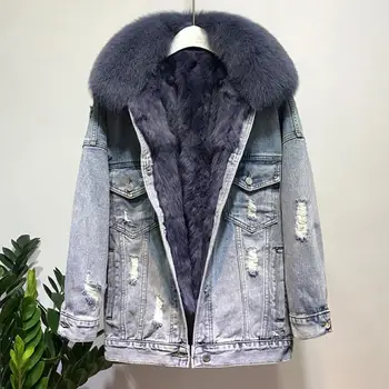 De iarnă pentru Femei Calde, Naturale Reale haină de Blană de Vulpe + Real Păr de Iepure Linie de Denim Sacou Feminin Pene Broderie Blana Uza F2465