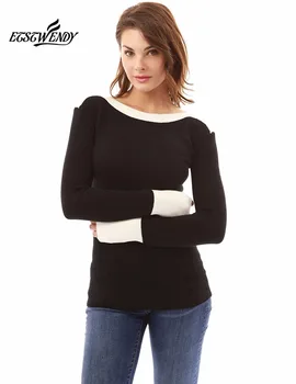 De iarnă pentru Femei de Moda T-shirt cu Maneca Lunga Gri Alb-Negru Pacthwork Tricou Confortabil Pulover Femei Îmbrăcăminte Subțire de sex Feminin Topuri
