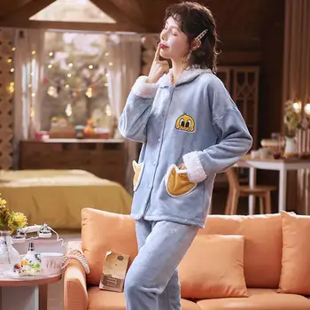 De iarnă pentru Femei Set de Pijamale Pijamale Manșon Complet Buton de Cămașă Pantaloni Lungi Groase Flanel Cald Desene animate Mama Casual Sexy Dulce Homewear
