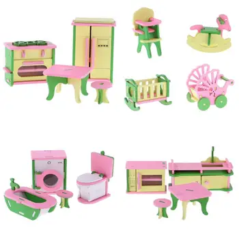 De Lemn Casă De Păpuși În Miniatură Bucatarie Baie Dulap Luat Masa, Masă De Toaletă Agitator Mașină De Spălat Baby Scaun Înalt Toaletă Jucării
