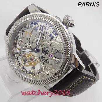 De lux 44mm PARNIS Gol bărbați ceas mâinile luminos 17 jewels mecanic 6497 schelet mână winding Bărbați ceas