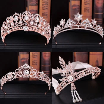 De Lux A Crescut Diademe De Aur Și Coroane Pentru Femei Perle De Cristal Bijuterii De Păr Regina Diademele De Mireasa Benzi De Nunta Accesorii De Par