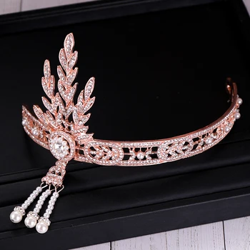 De Lux A Crescut Diademe De Aur Și Coroane Pentru Femei Perle De Cristal Bijuterii De Păr Regina Diademele De Mireasa Benzi De Nunta Accesorii De Par