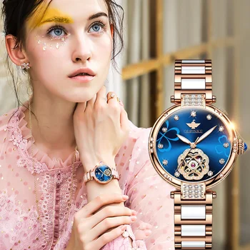 De lux automate mecanice femeie ceas de Safir diamant Natural de mama-de-perla din oțel Inoxidabil, ceramica rezistent la apa 5Bar 3183