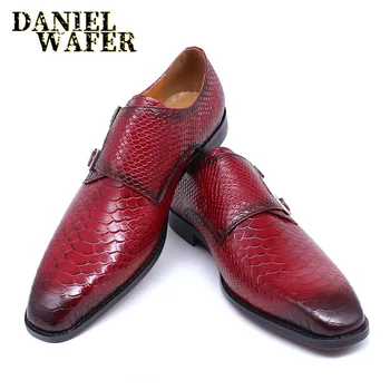 De lux Barbati Mocasini Piele de Sarpe Printuri Casual Pantofi din Piele Dublu Cataramă de Metal Aluneca Pe Roșu Birou Negru Rochie de Mireasa Pantofi pentru Bărbați