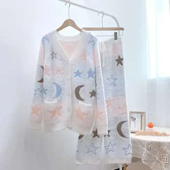 De lux Noapte Înstelată Set de Pijama Super Moale Imitatie Nurca catifea Sleepwear Tricotat Femei îmbrăcăminte de noapte Femme Ține de Cald Homewear
