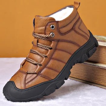 De mari Dimensiuni 11 12 Iarna de Blana de Oaie pentru Bărbați Cizme de Moda pentru Bărbați Cald Cauciuc Cusut Pantofi în aer liber cu talpi Groase Casual din Piele Pantofi M86920