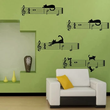 De mari dimensiuni transport gratuit de desene animate Drăguț pisică și Personalul de nota combinație Muzicală Autocolante de Perete,muzica decor dormitor