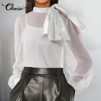 De Moda de Top Celmia Femei Elegante Arcul Satin Bluza cu Maneca Lunga Sexy Șifon Tricou Casual, de Birou Solid Blusas 2021 5XL