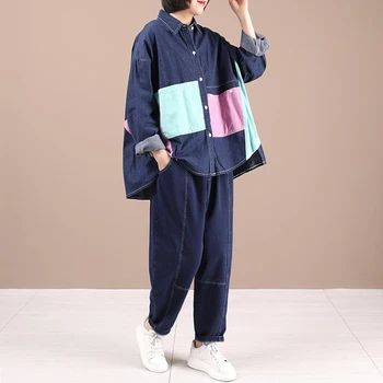 De sex feminin nouă primăvară coreea style moda casual plus dimensiunea vrac arta de potrivire de culoare tricou costum din două piese