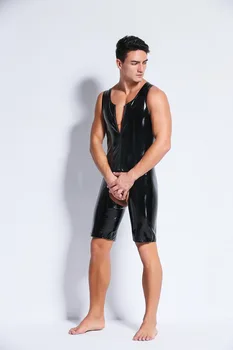 De sex masculin din Piele PU Catsuit Negru Stretch din PVC Latex Costume Barbati Sexy Bodycon Deschis Picioare cu Fermoar Salopeta Clubwear Joc Uniforme