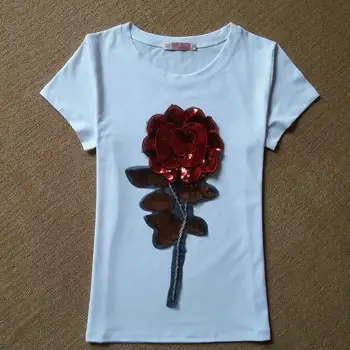 De Vara noi femeile sequin tricou de moda bumbac de sex feminin a crescut de flori topuri tricou camisetas mujer