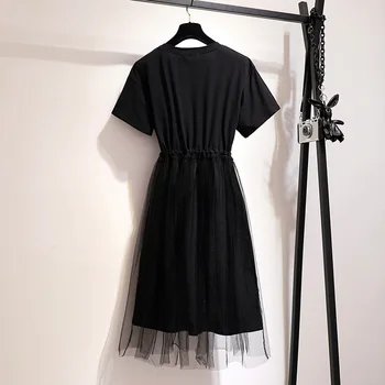 De vara noi plus dimensiunea rochie pentru femei maneci scurte largi casual de bumbac imprimare scrisoare rochie plisată centura neagră 3XL 4XL 5XL 6XL 7XL