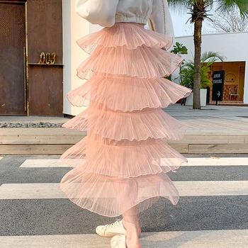 De Vară 2020 FashionTulle Plasă Plisată Fuste Femei Stil coreean Roz Negru Satiră, Fusta cu Talie Inalta