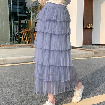 De Vară 2020 FashionTulle Plasă Plisată Fuste Femei Stil coreean Roz Negru Satiră, Fusta cu Talie Inalta