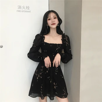 De Vară 2020 Femei Negru Rochie Vintage Cu Flori Lungă Puff Maneca Rochii De Șifon Coreean Mini Casual Vestidos Mujer