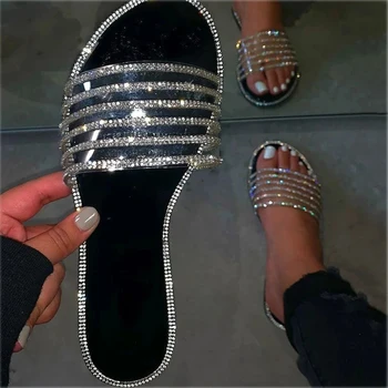 De Vară 2020 Femei Papuci pantofi pentru femeie Sandale Plate Stras casa de pe Plajă a doamnelor Papuci de diapozitive Negru pantuflas de mujer