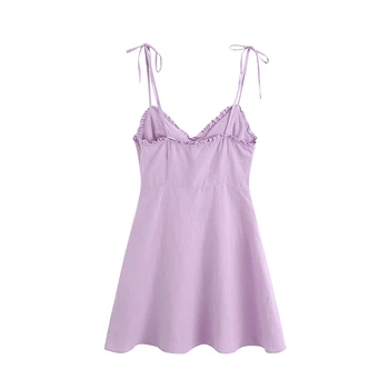 De vară 2020 femei sexi vacanta violet lenjerie de pat din bumbac V-neck ciuperca butonul de decor curea rochie mini vestido de honda