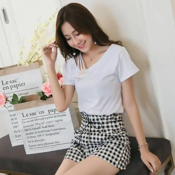 De Vară 2020 New Sosire 2 Bucata Femei Seturi Coreean Neregulate Umăr Scurte T Shirt Și De Înaltă Talie Pantaloni Scurți Carouri Două Pc-Uri Fata Set