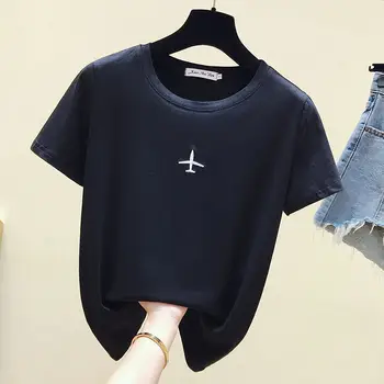 De Vară 2020 Nou tricou Femei coreeană de Moda Casual, Simple, de Culoare Solidă Aeronave Broderie de sex Feminin Tricouri Topuri Negre O-Gât