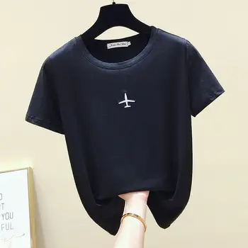 De Vară 2020 Nou tricou Femei coreeană de Moda Casual, Simple, de Culoare Solidă Aeronave Broderie de sex Feminin Tricouri Topuri Negre O-Gât