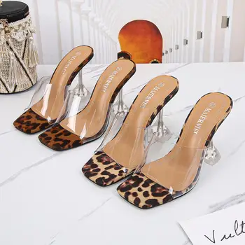 De Vară 2020 Transparent Pantofi Papuci de Catâri Femei Tocuri Clare Cap Pătrat Slip-on Doamnelor Sandale cu Toc Înalt Sexy
