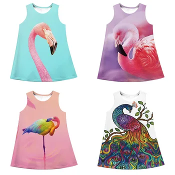 De vară pentru Copii Fete Vesta Flamingo Rochii fără Mâneci Vrac Haine Rochie a-line Păun Desene animate de Imprimare Rochie de Printesa Fete Haine
