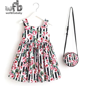 De vânzare cu amănuntul 2-8 ani fată de bumbac, fără mâneci rochie de imprimare + geanta vesta printesa pentru copii de vara in stil rustic