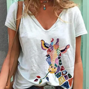De Vânzare la cald Casual, de Culoare Alb-Giraffe Print pentru Femei T-shirt de Vară Scurt Maneca V Gat de Desene animate de Imprimare Topuri Largi