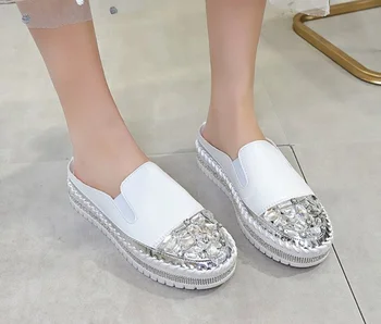De Înaltă Calitate Din Piele Femei Pantofi De Cristal Doamnelor Papuci Cu Toc Mic În Aer Liber, Papuci De Casă Slide-Uri De Sandale De Vara