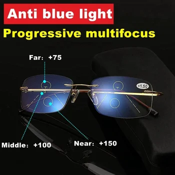 De Înaltă Calitate, Fără Ramă Multifocală Progresivă Ochelari De Citit Bărbați Anti Blue Light Presbyopic Ochelari Femei Ultra Light Metal Gafas