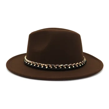 De înaltă Calitate Moda Femei Barbati Wide Brim Fedora Pălărie cu Lanț de Metal Decor Panama Fedoras Palarie Sombrero 58CM