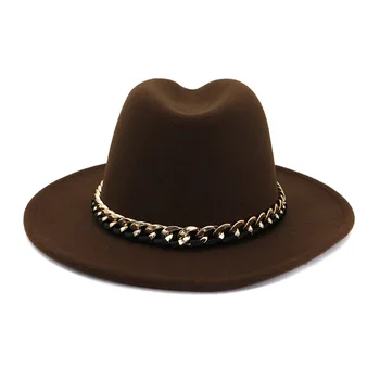 De înaltă Calitate Moda Femei Barbati Wide Brim Fedora Pălărie cu Lanț de Metal Decor Panama Fedoras Palarie Sombrero 58CM