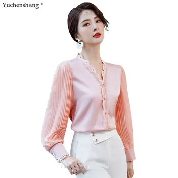 De înaltă Calitate Nou Sosire Elegant Roz Alb V-Neck Bluza Dantela Femei Doamnelor Fata Felinar Lung Maneca Cămașă Plisată S-5XL Topuri