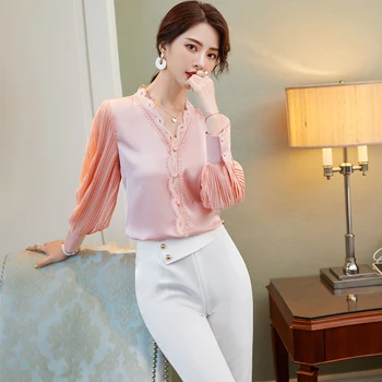 De înaltă Calitate Nou Sosire Elegant Roz Alb V-Neck Bluza Dantela Femei Doamnelor Fata Felinar Lung Maneca Cămașă Plisată S-5XL Topuri