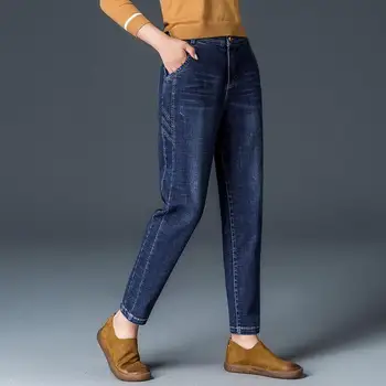 De înaltă Calitate Îngroșa Iarna Blugi Femeie Caldă Catifea Talie Mare Plus Dimensiune Denim Pantaloni Harem pentru Femei Casual Pantaloni Largi
