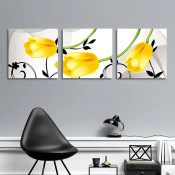 Decorațiuni interioare moderne Neînrămate 3 Piese Modulare Pictura Flori Lalea Galben Canvas Wall Art Imaginile pentru Camera de zi Decor