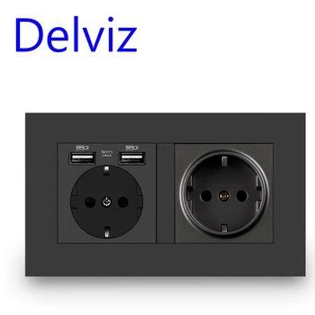 Delviz Perete USB, Priza de Putere, Negru panou interfață de încărcare, AC 110~250V 146mm * 86mm, 16A ramă Dublă Standard UE priză USB
