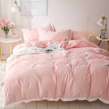 Denisroom roz set de lenjerie de pat margarete Carpetă Acopere King Size, Queen Size Mângâietor Seturi cearsaf de pat si fata de Perna Seturi YT65#