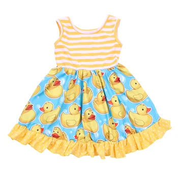 Desene animate Duck Galben imprimate dress toddler fete pentru copii cu dungi vara petrecere de ziua rochie pentru Copii rochie de design de haine de vară