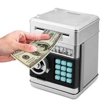 Desene animate Electronice ATM Parola pusculita Numerar Monedă Poate Auto Scroll Bani de Hârtie, Caseta de Economisire Cadou Pentru Copii (argintiu+negru)