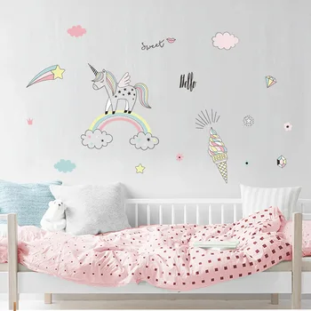 Desene animate pictate manual curcubeu unicorn decalcomanii de perete gradinita de copii sala de fundal autocolant perete picturi murale pentru copii decor de perete