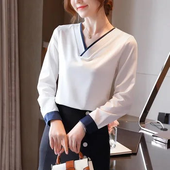 Design coreean toamna noua femeilor de culoare de contrast șifon tricou tricou V-neck tricou femei dulce camasa casual