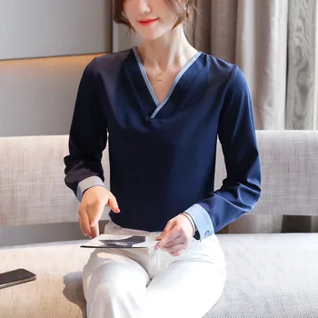 Design coreean toamna noua femeilor de culoare de contrast șifon tricou tricou V-neck tricou femei dulce camasa casual