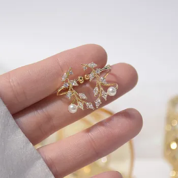 Design creativ frunze de cupru încrustat zircon ureche clipuri, fără a străpuns femei 14K real placare cu aur Korean cercei bijuterii