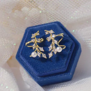 Design creativ frunze de cupru încrustat zircon ureche clipuri, fără a străpuns femei 14K real placare cu aur Korean cercei bijuterii