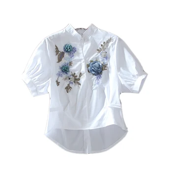 Design Original Grele Stereo Floare Broderie Talie Înaltă Scurtă Tricou Maneca Scurta Bluza Femei Top Vintage Bluze Topuri De Vara