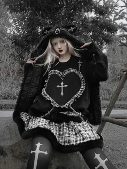 Design-ul Original Japonez Harajuku Goth Femeie de culoare Pulover Harajuku Gotic, Grunge, Punk Maneca Lunga Inima Cruce Pulover Tricotate