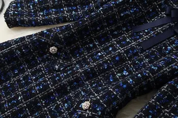 Designer De Moda Bleumarin Carouri Papion Tweed Rochie Toamna Iarna Femei Cu Maneci Lungi Diamante Butonul De Epocă Lână Rochie Scurtă