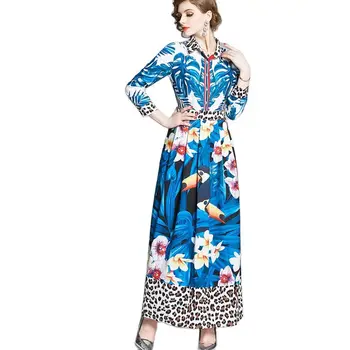 Designer de moda Pistei Rochie de Primavara-Femei cu maneci Lungi Guler de Turn-down Print Casual de Vacanta Rochie Maxi Galben vestido de mujer